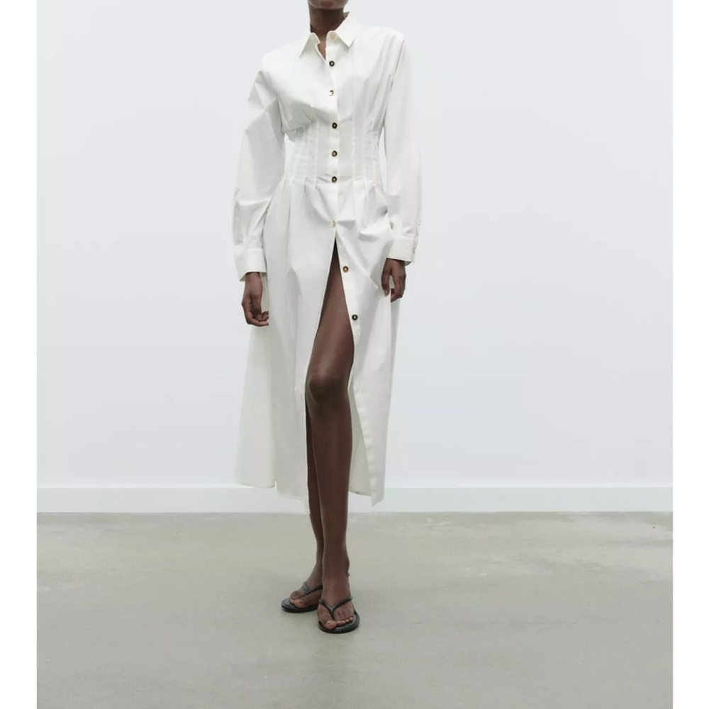 Zara White Long Sleeve Button-Front Shirt Dress